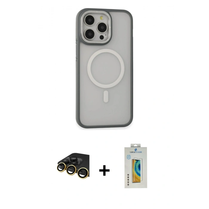 MARSİLYAN™- iPhone 14 Pro Kılıf Ahenk Form Serisi - Siyah Polymer Nano Ekran Koruyucu + Raze Metal Kamera Lens - GD