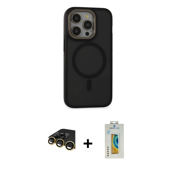 MARSİLYAN™- iPhone 14 Pro Kılıf Ahenk Form Serisi - Siyah Polymer Nano Ekran Koruyucu + Raze Metal Kamera Lens - GD