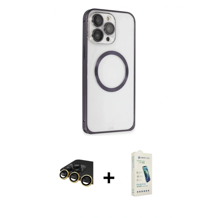 MARSİLYAN™- iPhone 14 Pro Kılıf Ahenk Işık Serisi - Şeffaf Pasifik Cam Ekran Koruyucu + Raze Metal Kamera Lens - GD