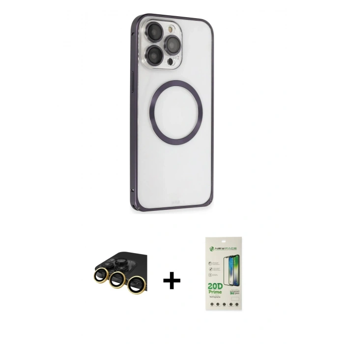 MARSİLYAN™- iPhone 14 Pro Kılıf Ahenk Işık Serisi - Siyah 20D Premium Cam Ekran Koruyucu + Gold Raze Metal Kamera Lens