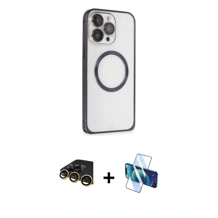 MARSİLYAN™- iPhone 14 Pro Kılıf Ahenk Işık Serisi - Siyah 3D Antistatik Cam Ekran Koruyucu + Raze Metal Kamera Lens - GD