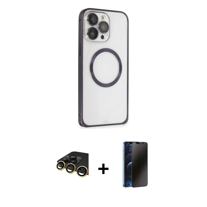MARSİLYAN™- iPhone 14 Pro Kılıf Ahenk Işık Serisi - Siyah 3D Antistatik Hayalet Cam Ekran Koruyucu + Raze Metal Kamera Lens - GD