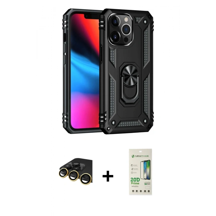 MARSİLYAN™- iPhone 14 Pro Kılıf Ahenk Klasik Koleksiyonu - Siyah 20D Premium Cam Ekran Koruyucu + Raze Metal Kamera Lens - GD
