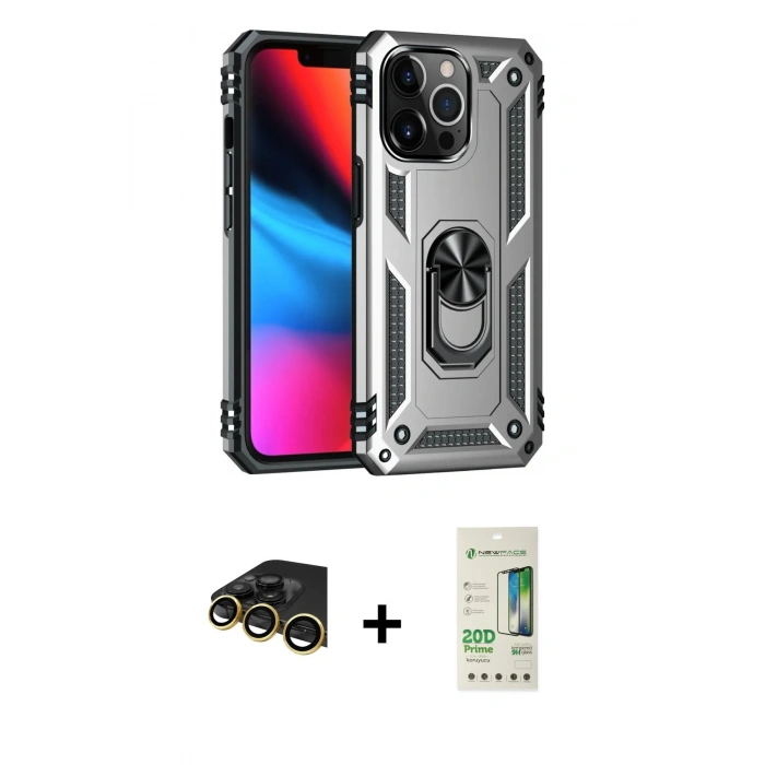 MARSİLYAN™- iPhone 14 Pro Kılıf Ahenk Klasik Koleksiyonu - Siyah 20D Premium Cam Ekran Koruyucu + Raze Metal Kamera Lens - GD