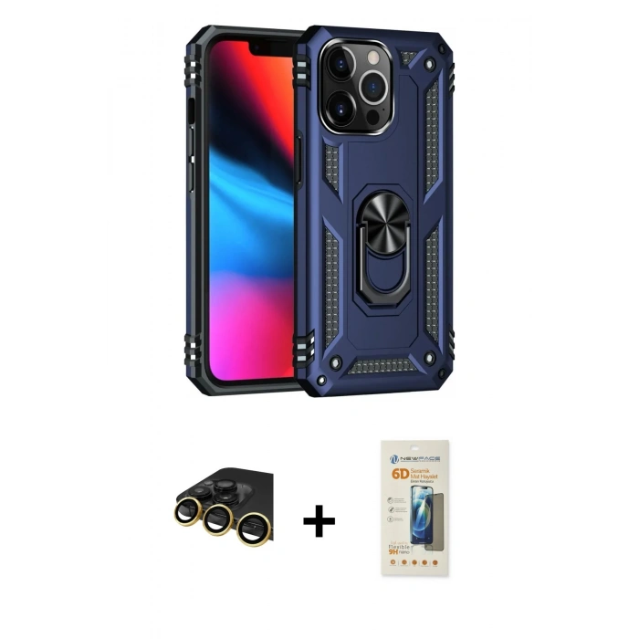 MARSİLYAN™- iPhone 14 Pro Kılıf Ahenk Klasik Koleksiyonu - Siyah 6D Mat Seramik Hayalet Nano Ekran Koruyucu + Raze Metal Kamera Lens - GD