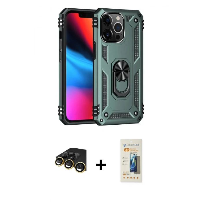 MARSİLYAN™- iPhone 14 Pro Kılıf Ahenk Klasik Koleksiyonu - Siyah 6D Mat Seramik Hayalet Nano Ekran Koruyucu + Raze Metal Kamera Lens - GD
