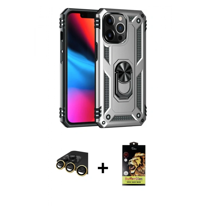 MARSİLYAN™- iPhone 14 Pro Kılıf Ahenk Klasik Koleksiyonu - Siyah Buffer Cam Ekran Koruyucu + Raze Metal Kamera Lens - GD