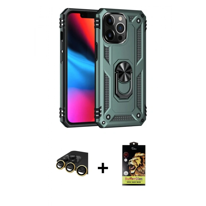 MARSİLYAN™- iPhone 14 Pro Kılıf Ahenk Klasik Koleksiyonu - Siyah Buffer Cam Ekran Koruyucu + Raze Metal Kamera Lens - GD