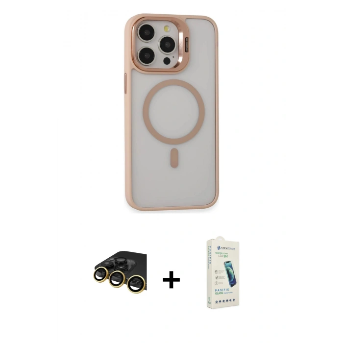 MARSİLYAN™- iPhone 14 Pro Kılıf Ahenk Klasik Özel Seri - Şeffaf Pasifik Cam Ekran Koruyucu + Raze Metal Kamera Lens - GD