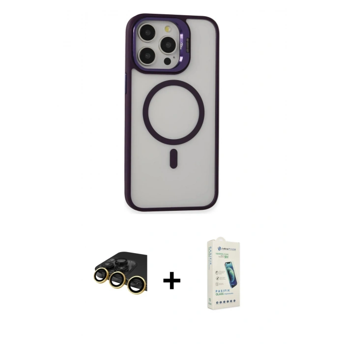 MARSİLYAN™- iPhone 14 Pro Kılıf Ahenk Klasik Özel Seri - Şeffaf Pasifik Cam Ekran Koruyucu + Raze Metal Kamera Lens - GD