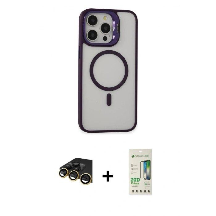 MARSİLYAN™- iPhone 14 Pro Kılıf Ahenk Klasik Özel Seri - Siyah 20D Premium Cam Ekran Koruyucu + Gold Raze Metal Kamera Lens