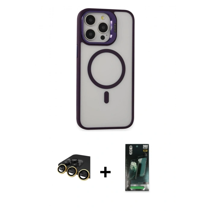 MARSİLYAN™- iPhone 14 Pro Kılıf Ahenk Klasik Özel Seri - Siyah 360 Mat Full Body Arka Koruyucu + Raze Metal Kamera Lens - GD
