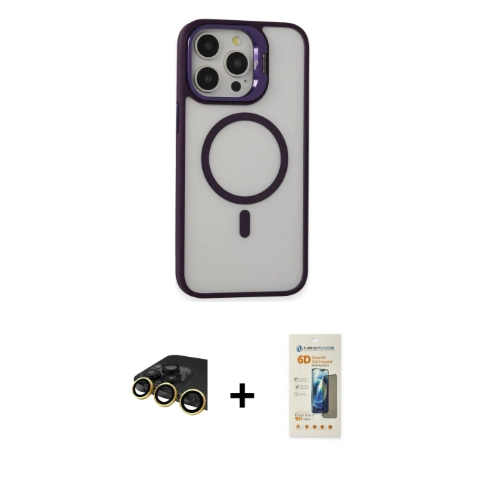 MARSİLYAN™- iPhone 14 Pro Kılıf Ahenk Klasik Özel Seri - Siyah 6D Mat Seramik Hayalet Nano Ekran Koruyucu + Raze Metal Kamera Lens - GD