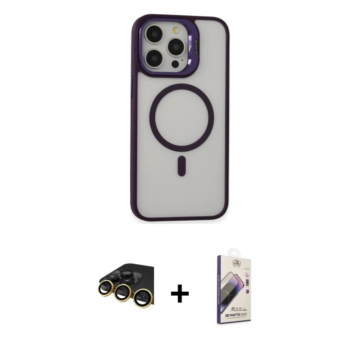 MARSİLYAN™- iPhone 14 Pro Kılıf Ahenk Klasik Özel Seri - Siyah Bilvis 3D Mat Cam Ekran Koruyucu + Raze Metal Kamera Lens - GD