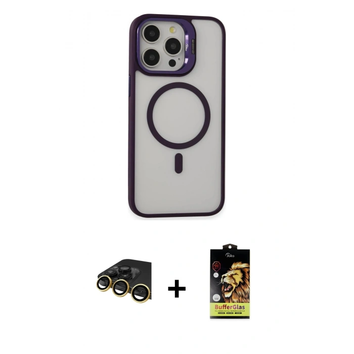 MARSİLYAN™- iPhone 14 Pro Kılıf Ahenk Klasik Özel Seri - Siyah Buffer Cam Ekran Koruyucu + Raze Metal Kamera Lens - GD
