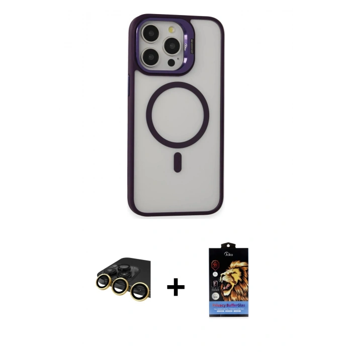 MARSİLYAN™- iPhone 14 Pro Kılıf Ahenk Klasik Özel Seri - Siyah Buffer Hayalet Cam Ekran Koruyucu + Raze Metal Kamera Lens - GD