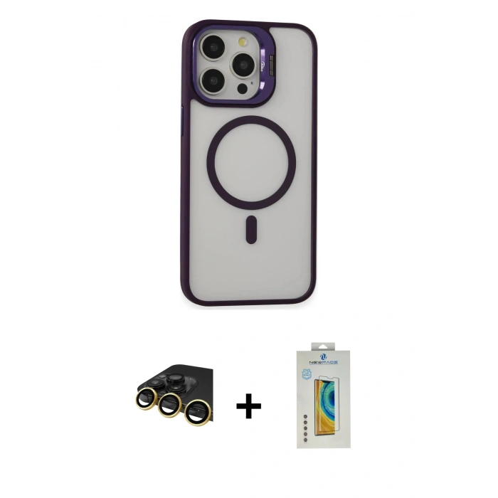 MARSİLYAN™- iPhone 14 Pro Kılıf Ahenk Klasik Özel Seri - Siyah Polymer Nano Ekran Koruyucu + Gold Raze Metal Kamera Lens
