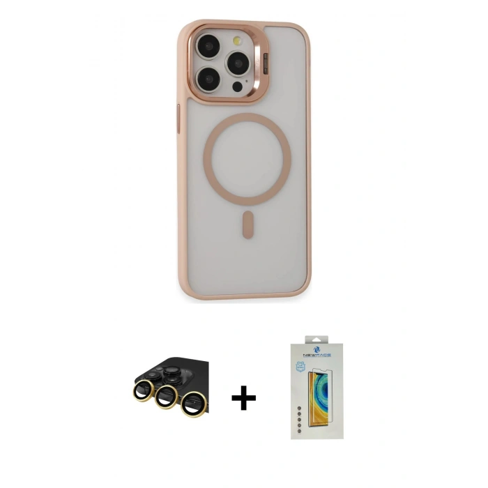 MARSİLYAN™- iPhone 14 Pro Kılıf Ahenk Klasik Özel Seri - Siyah Polymer Nano Ekran Koruyucu + Gold Raze Metal Kamera Lens