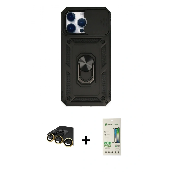MARSİLYAN™- iPhone 14 Pro Kılıf Ahenk Klasik - Siyah 20D Premium Cam Ekran Koruyucu + Raze Metal Kamera Lens - GD