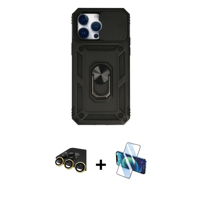 MARSİLYAN™- iPhone 14 Pro Kılıf Ahenk Klasik - Siyah 3D Antistatik Cam Ekran Koruyucu + Raze Metal Kamera Lens - GD