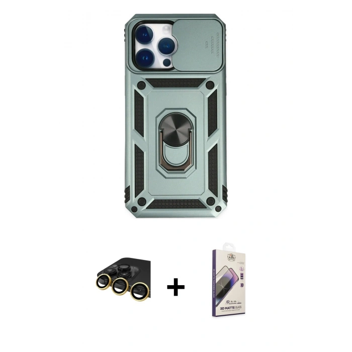 MARSİLYAN™- iPhone 14 Pro Kılıf Ahenk Klasik - Siyah Bilvis 3D Mat Cam Ekran Koruyucu + Raze Metal Kamera Lens - GD