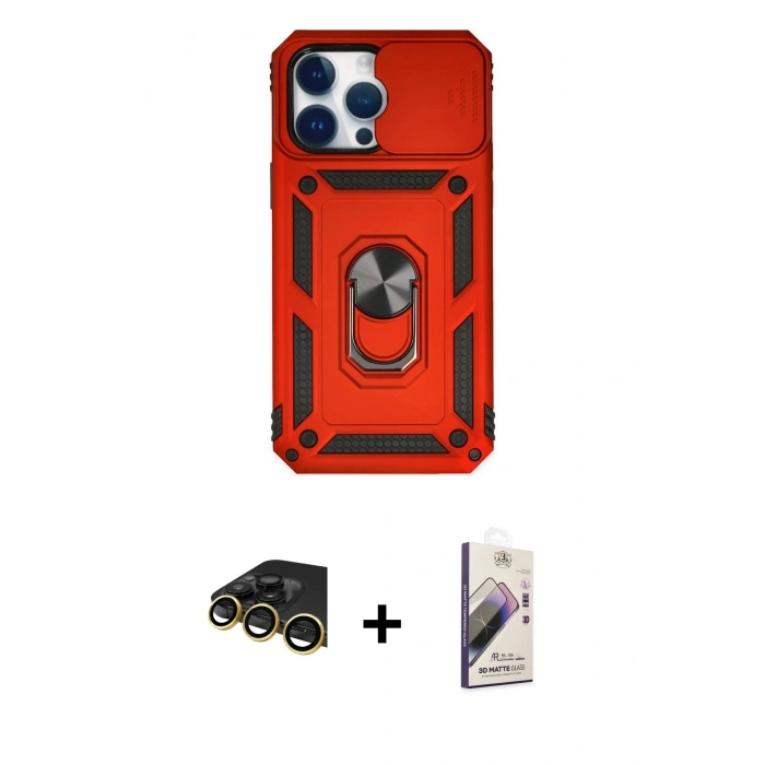 MARSİLYAN™- iPhone 14 Pro Kılıf Ahenk Klasik - Siyah Bilvis 3D Mat Cam Ekran Koruyucu + Raze Metal Kamera Lens - GD