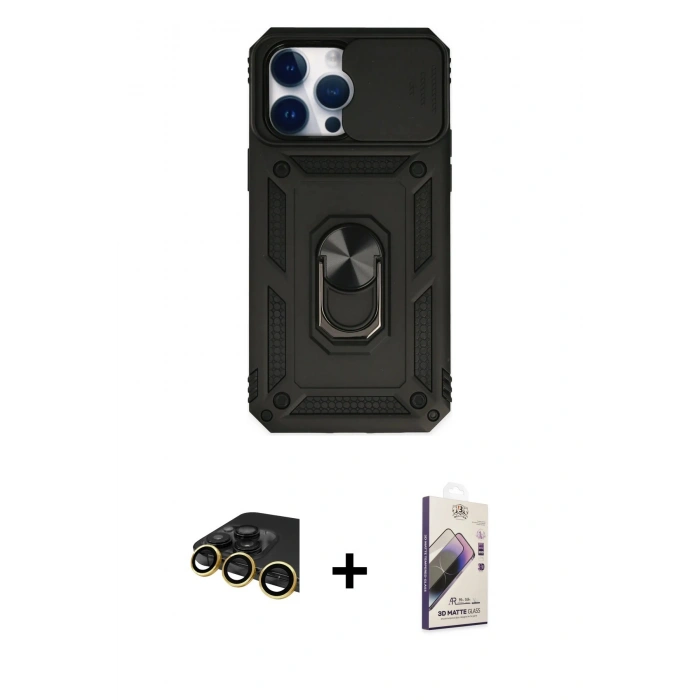 MARSİLYAN™- iPhone 14 Pro Kılıf Ahenk Klasik - Siyah Bilvis 3D Mat Cam Ekran Koruyucu + Raze Metal Kamera Lens - GD