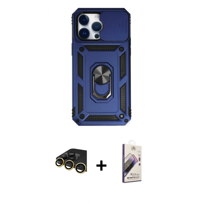 MARSİLYAN™- iPhone 14 Pro Kılıf Ahenk Klasik - Siyah Bilvis 3D Mat Cam Ekran Koruyucu + Raze Metal Kamera Lens - GD