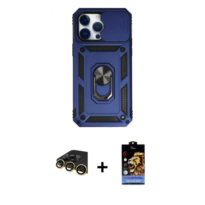 MARSİLYAN™- iPhone 14 Pro Kılıf Ahenk Klasik - Siyah Buffer Hayalet Cam Ekran Koruyucu + Raze Metal Kamera Lens - GD
