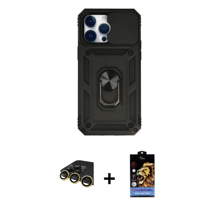 MARSİLYAN™- iPhone 14 Pro Kılıf Ahenk Klasik - Siyah Buffer Hayalet Cam Ekran Koruyucu + Raze Metal Kamera Lens - GD
