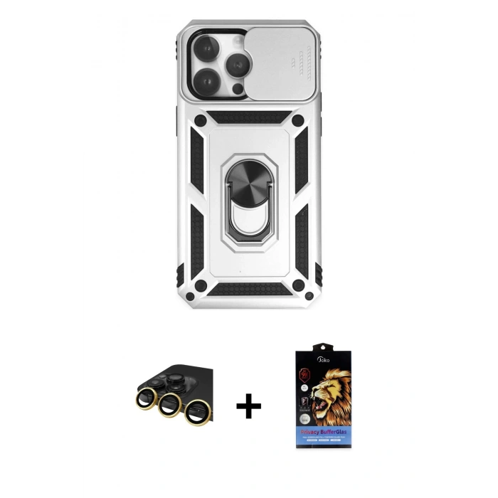 MARSİLYAN™- iPhone 14 Pro Kılıf Ahenk Klasik - Siyah Buffer Hayalet Cam Ekran Koruyucu + Raze Metal Kamera Lens - GD