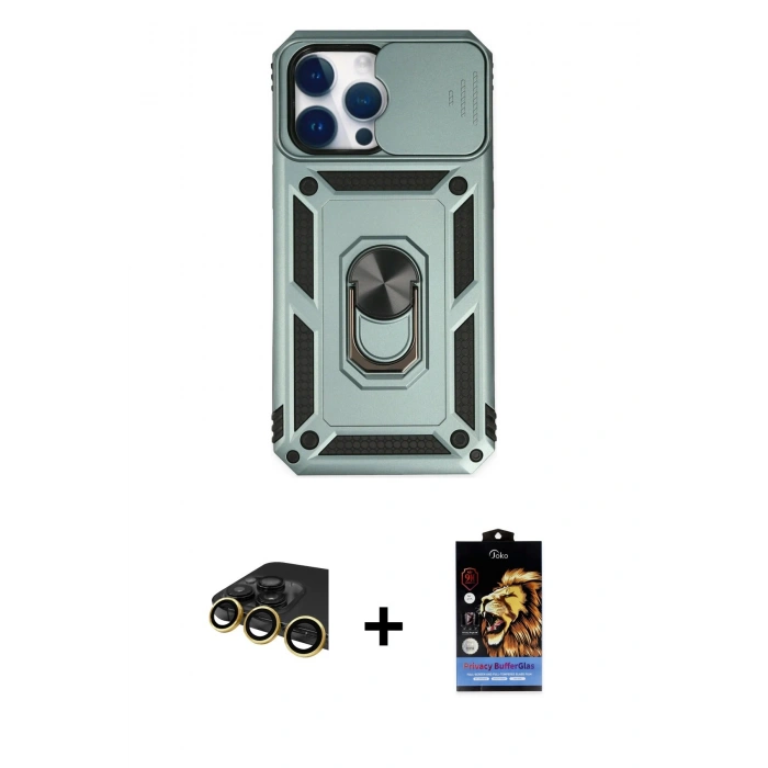 MARSİLYAN™- iPhone 14 Pro Kılıf Ahenk Klasik - Siyah Buffer Hayalet Cam Ekran Koruyucu + Raze Metal Kamera Lens - GD