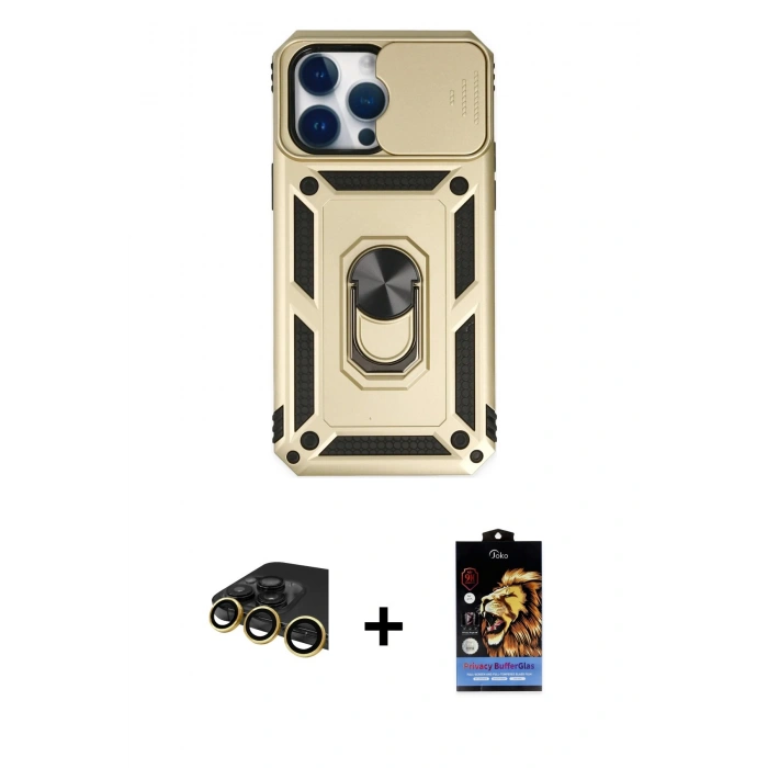 MARSİLYAN™- iPhone 14 Pro Kılıf Ahenk Klasik - Siyah Buffer Hayalet Cam Ekran Koruyucu + Raze Metal Kamera Lens - GD