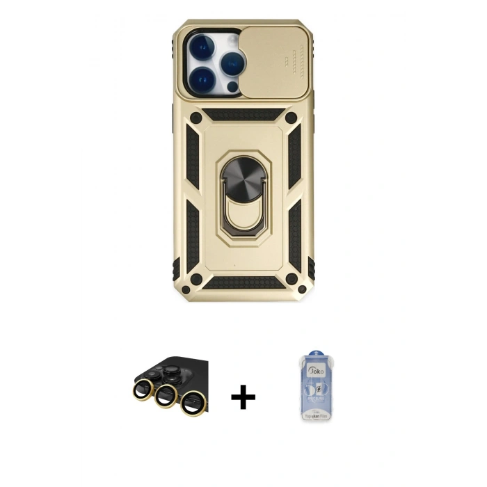 MARSİLYAN™- iPhone 14 Pro Kılıf Ahenk Klasik - Siyah Joko Magic 5D Cam + Raze Metal Kamera Lens - GD