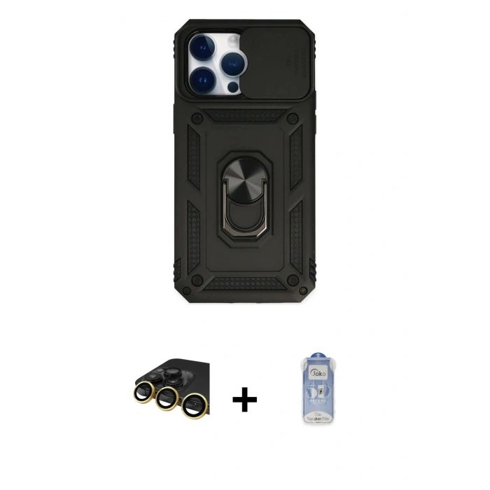MARSİLYAN™- iPhone 14 Pro Kılıf Ahenk Klasik - Siyah Joko Magic 5D Cam + Raze Metal Kamera Lens - GD