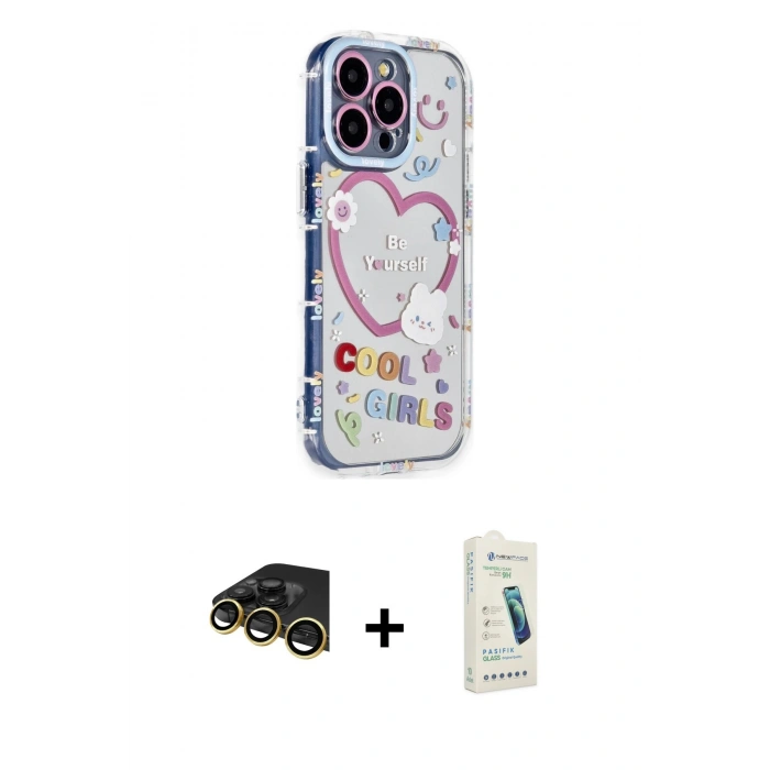 MARSİLYAN™- iPhone 14 Pro Kılıf Ahenk Modern Serisi - Şeffaf Pasifik Cam Ekran Koruyucu + Raze Metal Kamera Lens - GD
