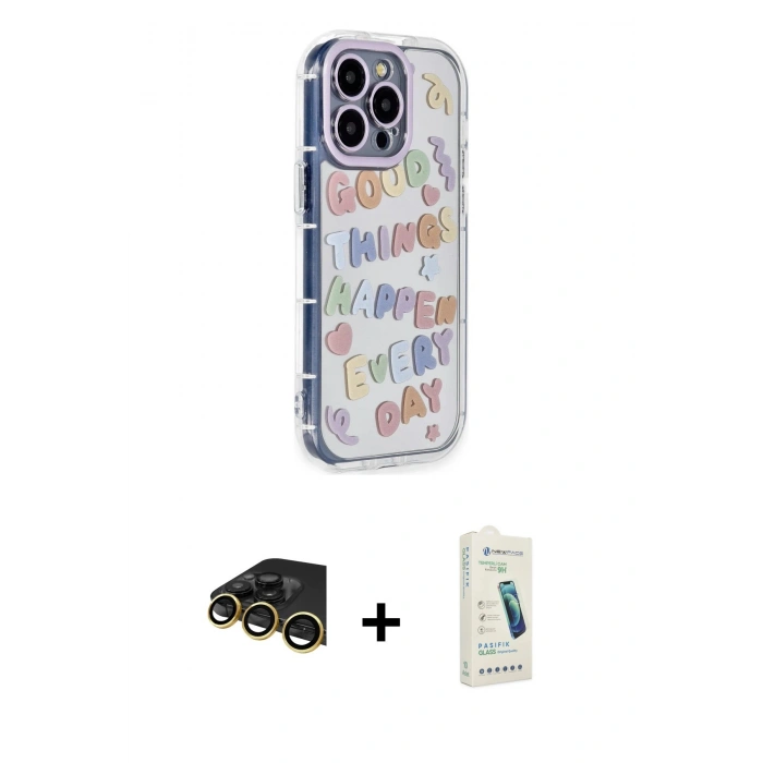 MARSİLYAN™- iPhone 14 Pro Kılıf Ahenk Modern Serisi - Şeffaf Pasifik Cam Ekran Koruyucu + Raze Metal Kamera Lens - GD