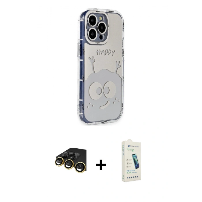 MARSİLYAN™- iPhone 14 Pro Kılıf Ahenk Modern Serisi - Şeffaf Pasifik Cam Ekran Koruyucu + Raze Metal Kamera Lens - GD