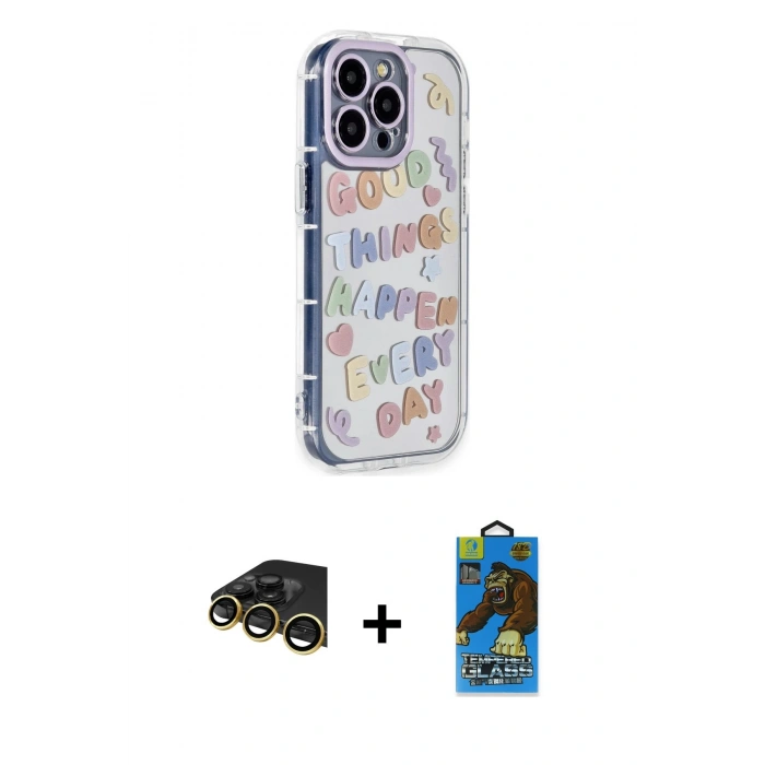MARSİLYAN™- iPhone 14 Pro Kılıf Ahenk Modern Serisi - Siyah 18D Cam Ekran Koruyucu + Raze Metal Kamera Lens - GD