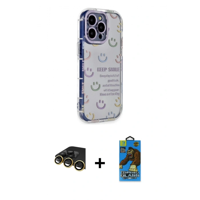 MARSİLYAN™- iPhone 14 Pro Kılıf Ahenk Modern Serisi - Siyah 18D Cam Ekran Koruyucu + Raze Metal Kamera Lens - GD