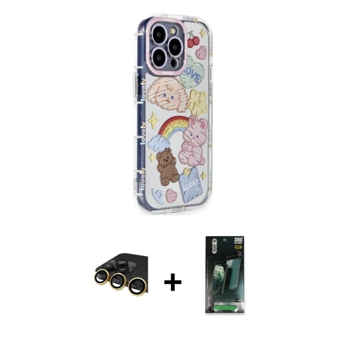MARSİLYAN™- iPhone 14 Pro Kılıf Ahenk Modern Serisi - Siyah 360 Mat Full Body Arka Koruyucu + Raze Metal Kamera Lens - GD