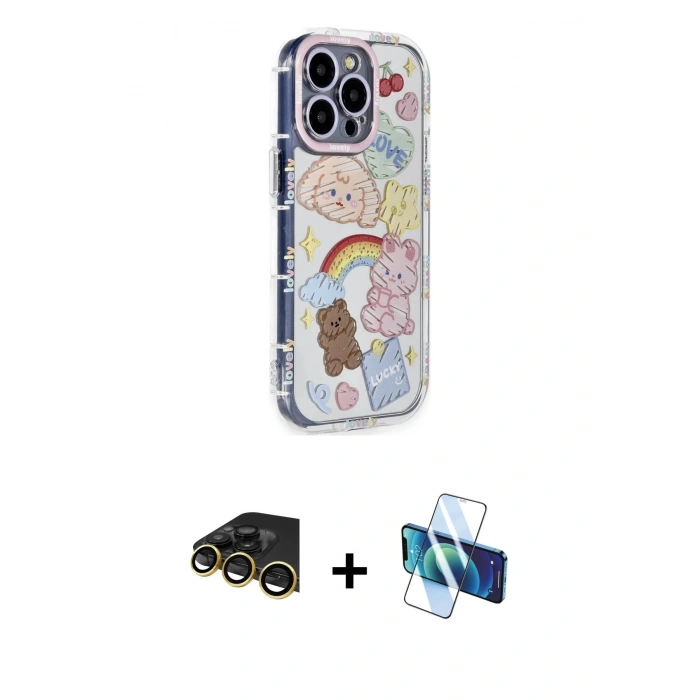 MARSİLYAN™- iPhone 14 Pro Kılıf Ahenk Modern Serisi - Siyah 3D Antistatik Cam Ekran Koruyucu + Raze Metal Kamera Lens - GD