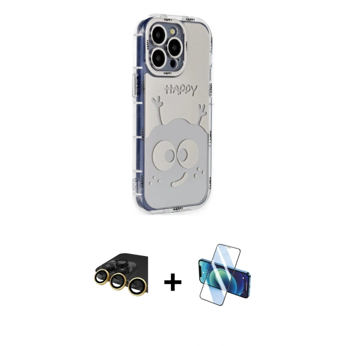 MARSİLYAN™- iPhone 14 Pro Kılıf Ahenk Modern Serisi - Siyah 3D Antistatik Cam Ekran Koruyucu + Raze Metal Kamera Lens - GD