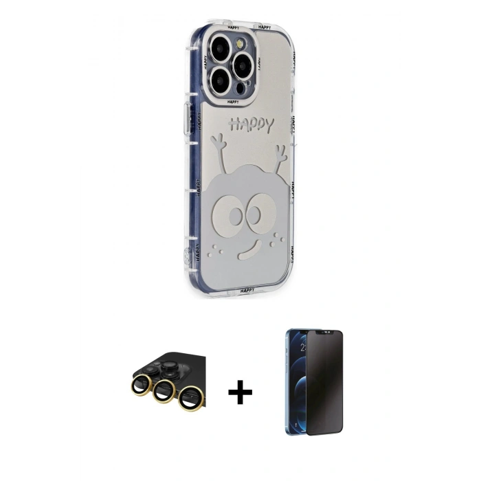 MARSİLYAN™- iPhone 14 Pro Kılıf Ahenk Modern Serisi - Siyah 3D Antistatik Hayalet Cam Ekran Koruyucu + Raze Metal Kamera Lens - GD