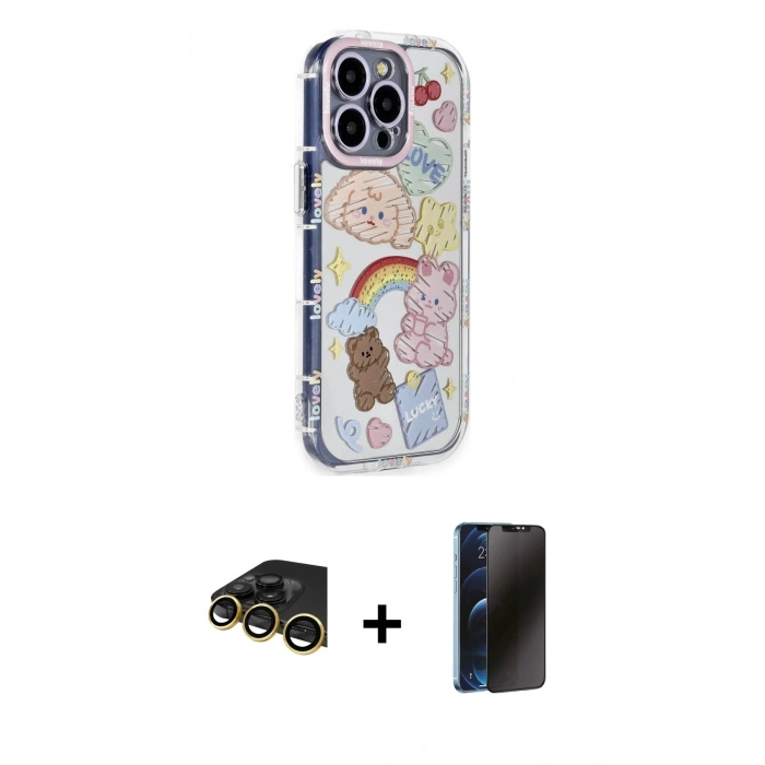 MARSİLYAN™- iPhone 14 Pro Kılıf Ahenk Modern Serisi - Siyah 3D Antistatik Hayalet Cam Ekran Koruyucu + Raze Metal Kamera Lens - GD