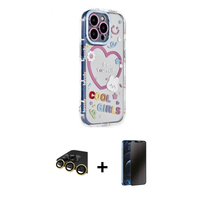 MARSİLYAN™- iPhone 14 Pro Kılıf Ahenk Modern Serisi - Siyah 3D Antistatik Hayalet Cam Ekran Koruyucu + Raze Metal Kamera Lens - GD