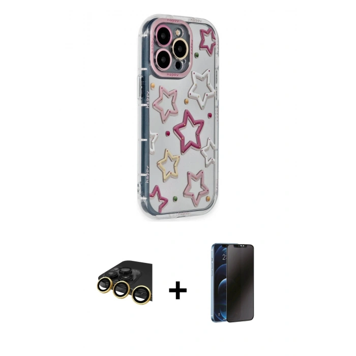 MARSİLYAN™- iPhone 14 Pro Kılıf Ahenk Modern Serisi - Siyah 3D Antistatik Hayalet Cam Ekran Koruyucu + Raze Metal Kamera Lens - GD