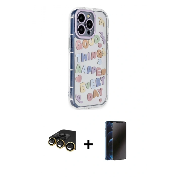 MARSİLYAN™- iPhone 14 Pro Kılıf Ahenk Modern Serisi - Siyah 3D Antistatik Hayalet Cam Ekran Koruyucu + Raze Metal Kamera Lens - GD