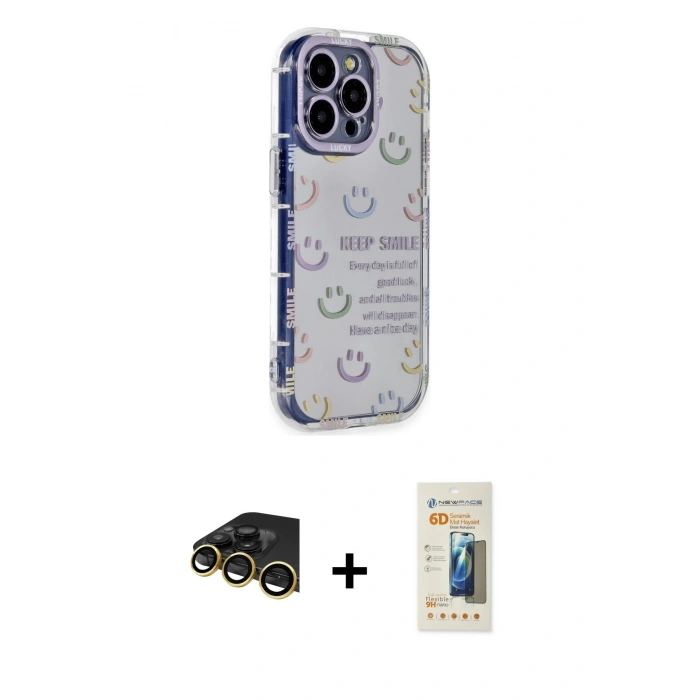 MARSİLYAN™- iPhone 14 Pro Kılıf Ahenk Modern Serisi - Siyah 6D Mat Seramik Hayalet Nano Ekran Koruyucu + Raze Metal Kamera Lens - GD