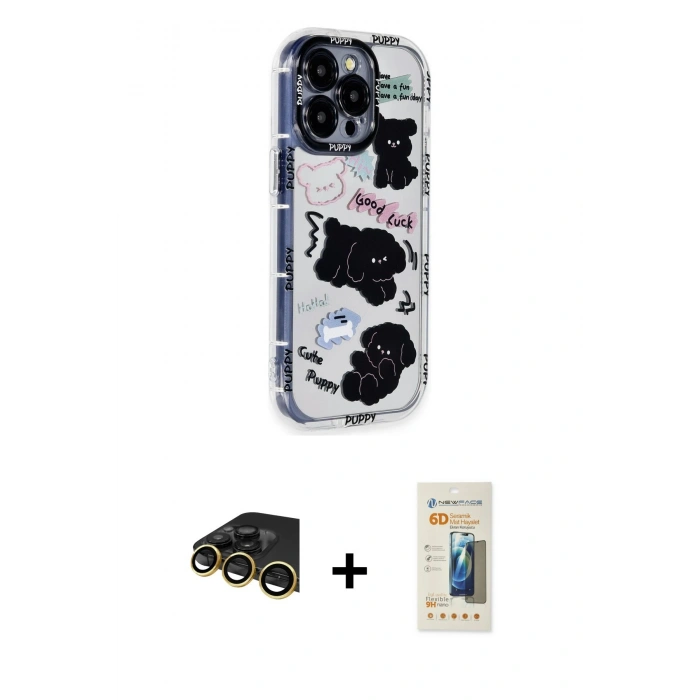 MARSİLYAN™- iPhone 14 Pro Kılıf Ahenk Modern Serisi - Siyah 6D Mat Seramik Hayalet Nano Ekran Koruyucu + Raze Metal Kamera Lens - GD